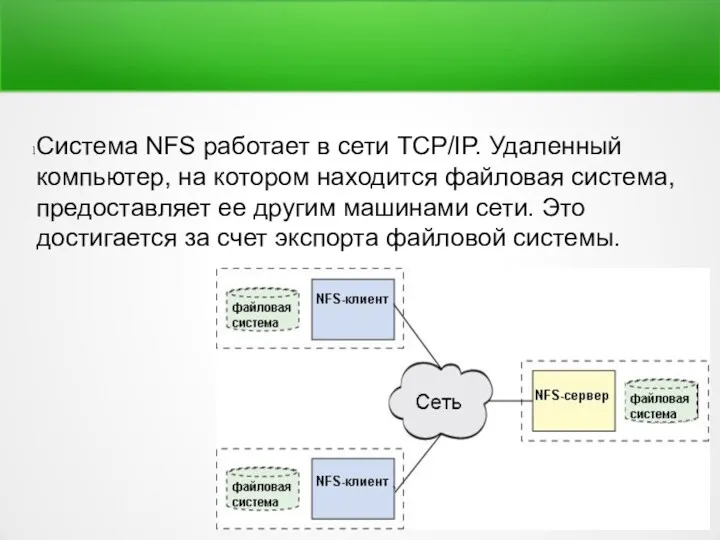 Система NFS работает в сети TCP/IP. Удаленный компьютер, на котором находится файловая система,