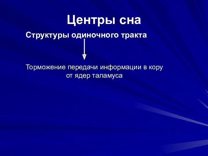 Центры сна Структуры одиночного тракта Торможение передачи информации в кору от ядер таламуса