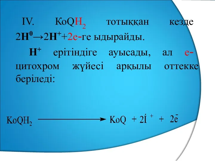 IV. КоQН2 тотыққан кезде 2Н0→2Н++2е-ге ыдырайды. Н+ ерітіндіге ауысады, ал е- цитохром жүйесі арқылы оттекке беріледі: