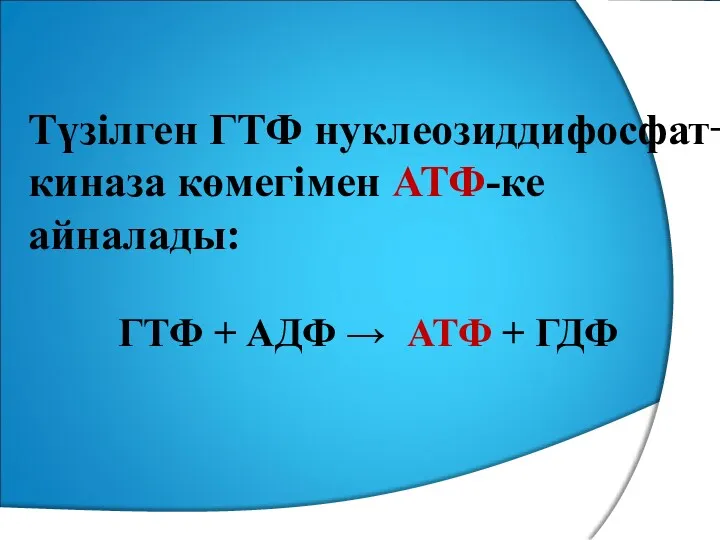 Түзілген ГТФ нуклеозиддифосфат− киназа көмегімен АТФ-ке айналады: ГТФ + АДФ → АТФ + ГДФ