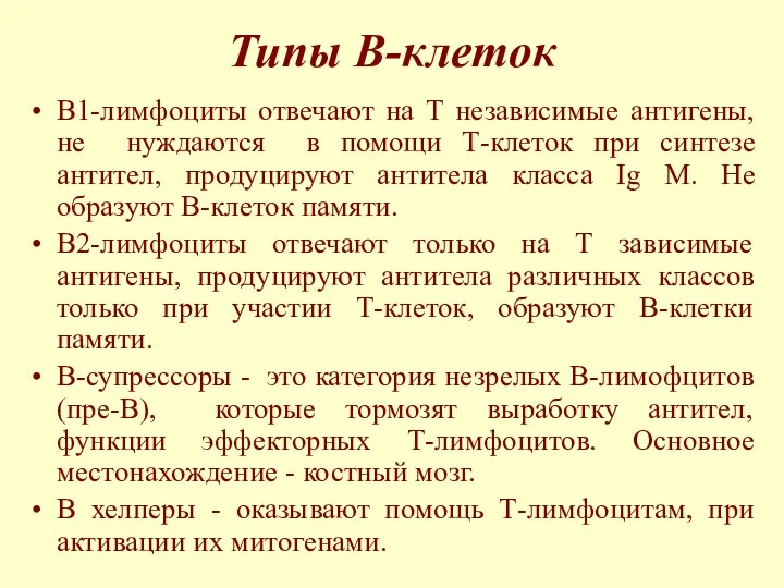 Типы В-клеток В1-лимфоциты отвечают на Т независимые антигены, не нуждаются