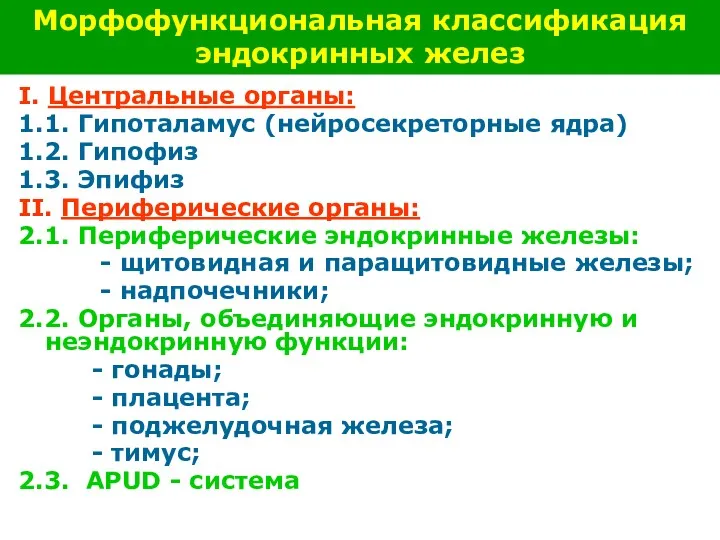 I. Центральные органы: 1.1. Гипоталамус (нейросекреторные ядра) 1.2. Гипофиз 1.3.