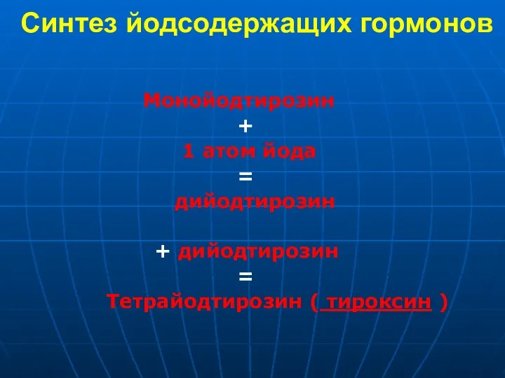 Синтез йодсодержащих гормонов Монойодтирозин + 1 атом йода = дийодтирозин