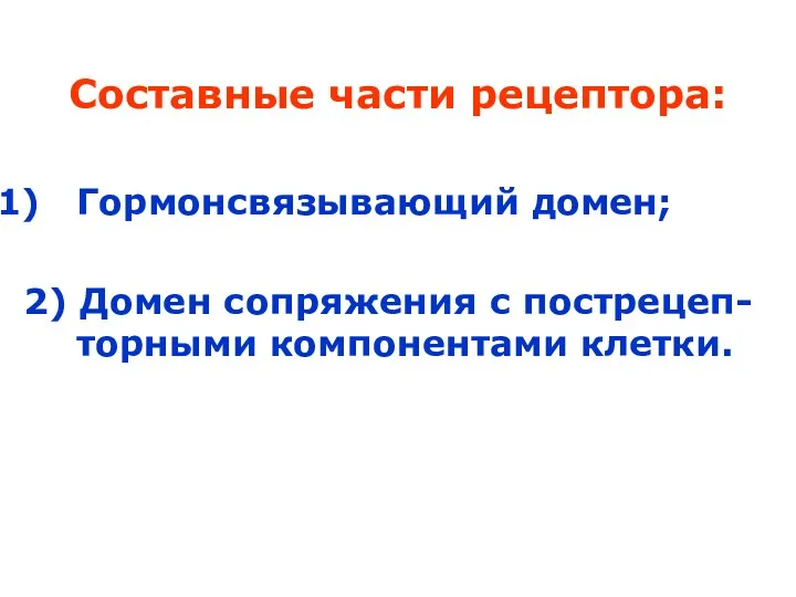 Составные части рецептора: Гормонсвязывающий домен; 2) Домен сопряжения с пострецеп-торными компонентами клетки.