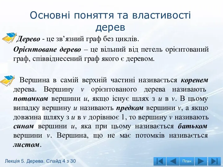 Основні поняття та властивості дерев Дерево - це зв’язний граф