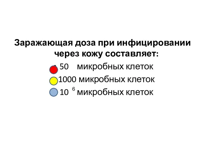 Заражающая доза при инфицировании через кожу составляет: 50 микробных клеток