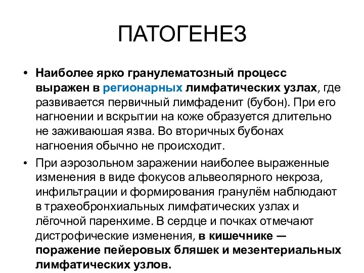 ПАТОГЕНЕЗ Наиболее ярко гранулематозный процесс выражен в регионарных лимфатических узлах,