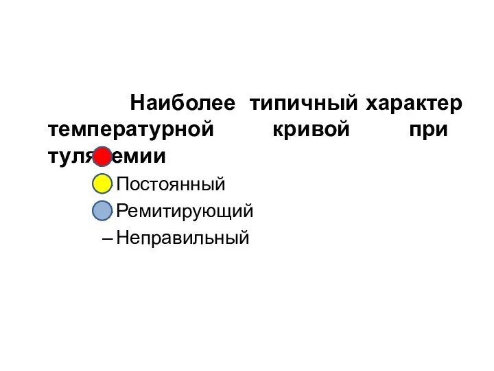 Наиболее типичный характер температурной кривой при туляремии Постоянный Ремитирующий Неправильный