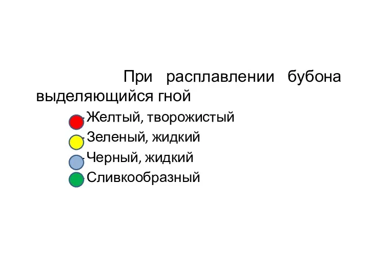 При расплавлении бубона выделяющийся гной Желтый, творожистый Зеленый, жидкий Черный, жидкий Сливкообразный