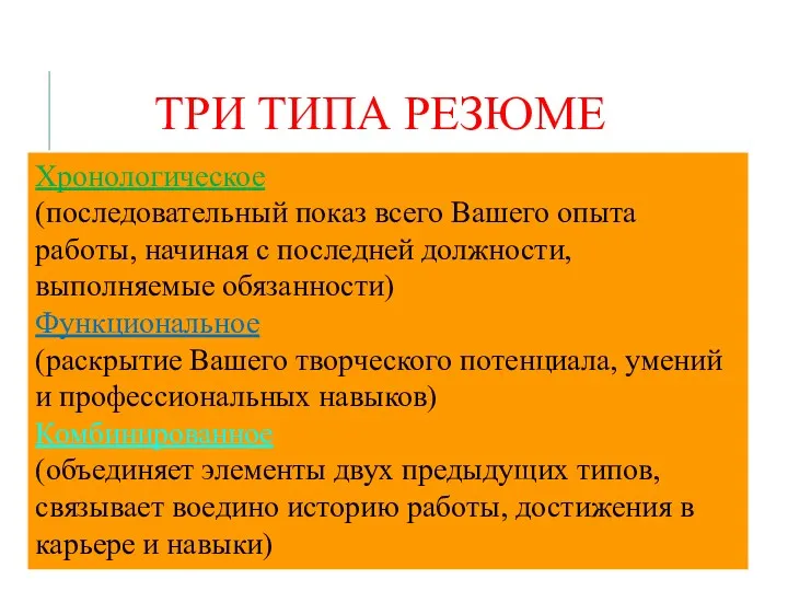 ТРИ ТИПА РЕЗЮМЕ Хронологическое (последовательный показ всего Вашего опыта работы,