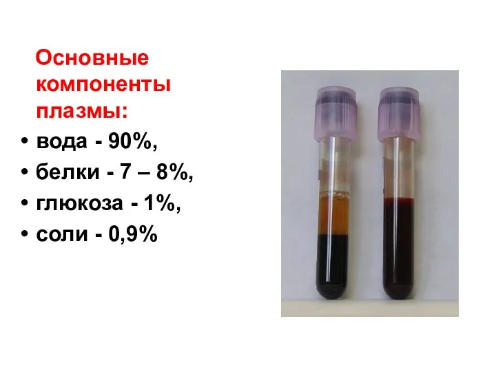 Основные компоненты плазмы: вода - 90%, белки - 7 –