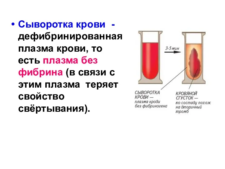 Сыворотка крови - дефибринированная плазма крови, то есть плазма без