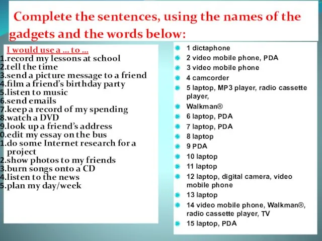 Complete the sentences, using the names of the gadgets and