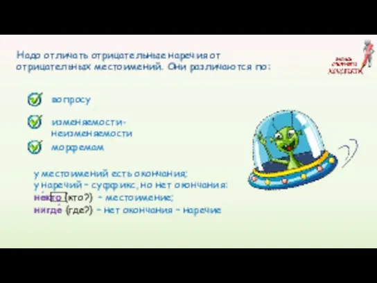 Надо отличать отрицательные наречия от отрицательных местоимений. Они различаются по: