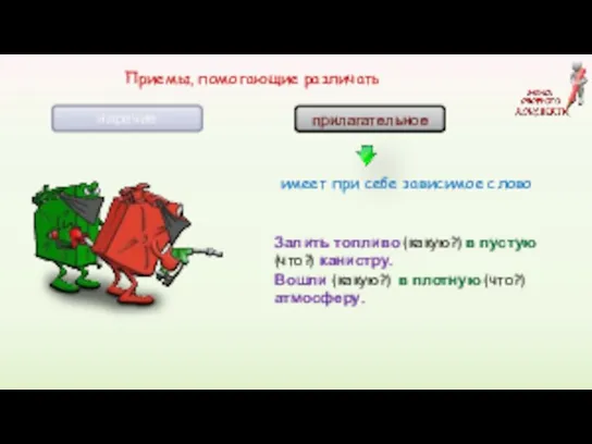 прилагательное наречие Приемы, помогающие различать имеет при себе зависимое слово