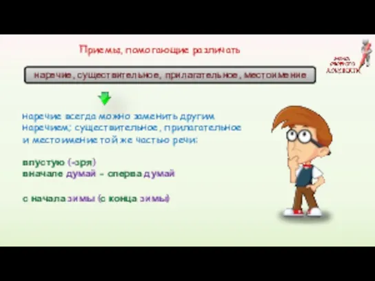 Приемы, помогающие различать наречие, существительное, прилагательное, местоимение наречие всегда можно