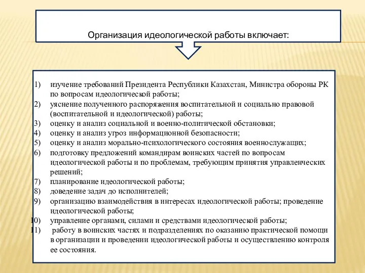 Организация идеологической работы включает: изучение требований Президента Республики Казахстан, Министра