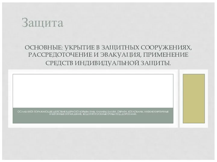 Защита ОСЛАБЛЯЮТ ПОРАЖАЮЩЕЕ ДЕЙСТВИЕ ЯДЕРНОГО ВЗРЫВА ЯМЫ, КАНАВЫ, БАЛКИ, ОВРАГИ,