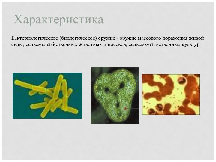 Характеристика Бактериологическое (биологическое) оружие - оружие массового поражения живой силы, сельскохозяйственных животных и посевов, сельскохозяйственных культур.