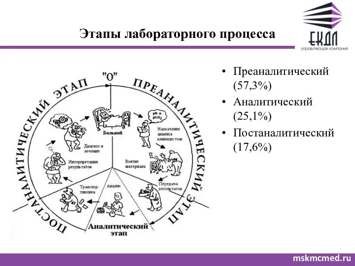 Этапы лабораторного процесса Преаналитический (57,3%) Аналитический (25,1%) Постаналитический (17,6%) mskmcmed.ru