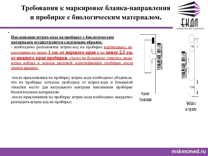 Требования к маркировке бланка-направления и пробирке с биологическим материалом. mskmcmed.ru - Наклеивание штрих-кода