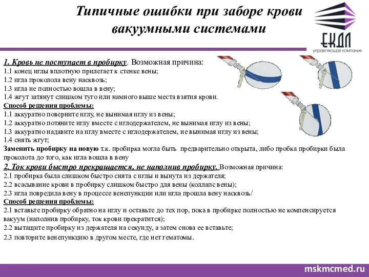 Типичные ошибки при заборе крови вакуумными системами mskmcmed.ru 1. Кровь не поступает в