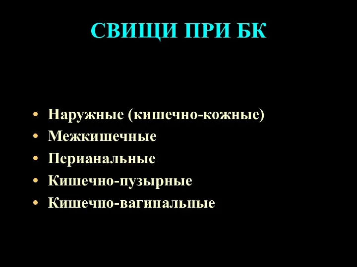 СВИЩИ ПРИ БК Наружные (кишечно-кожные) Межкишечные Перианальные Кишечно-пузырные Кишечно-вагинальные