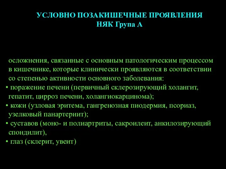 УСЛОВНО ПОЗАКИШЕЧНЫЕ ПРОЯВЛЕНИЯ НЯК Група А осложнения, связанные с основным