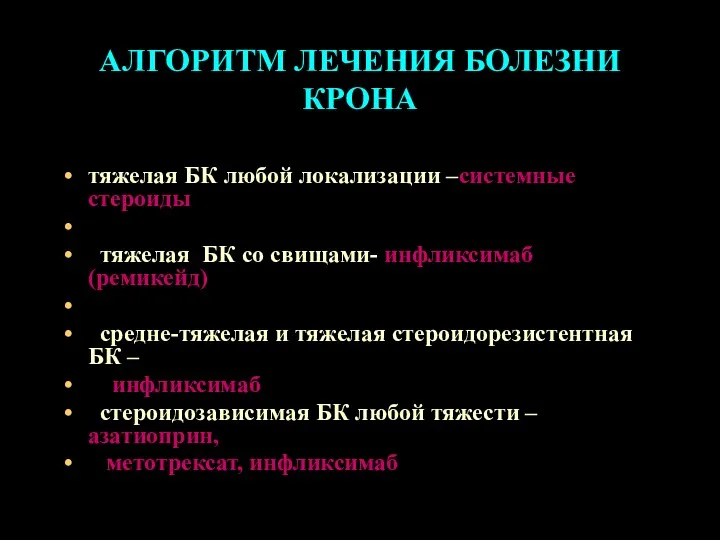 АЛГОРИТМ ЛЕЧЕНИЯ БОЛЕЗНИ КРОНА тяжелая БК любой локализации –системные стероиды