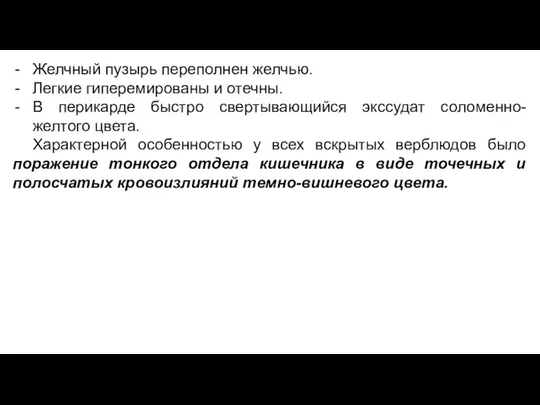 Желчный пузырь переполнен желчью. Легкие гиперемированы и отечны. В перикарде