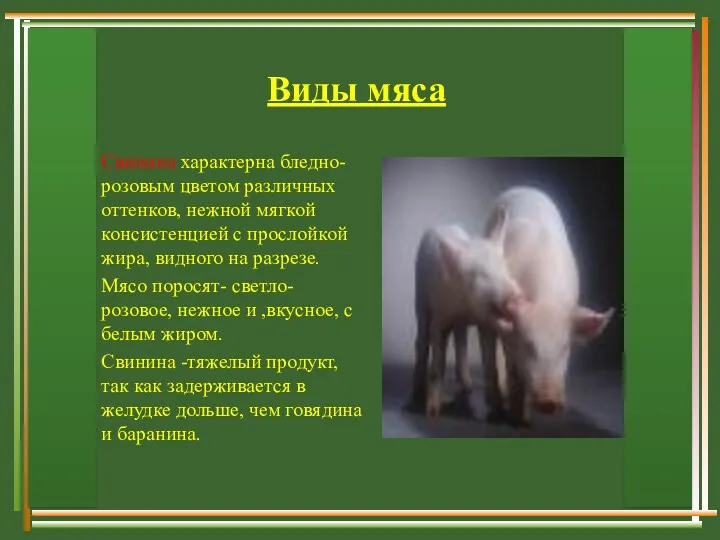 Виды мяса Свинина характерна бледно- розовым цветом различных оттенков, нежной