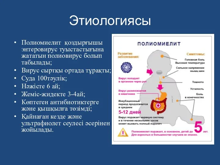 Этиологиясы Полиомиелит қоздырғышы энтеровирус туыстастығына жататын полиовирус болып табылады; Вирус