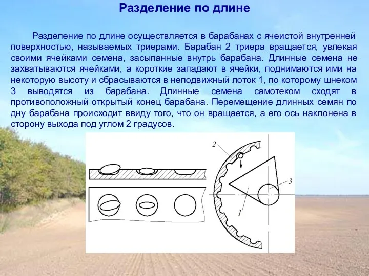 Разделение по длине осуществляется в барабанах с ячеистой внутренней поверхностью,