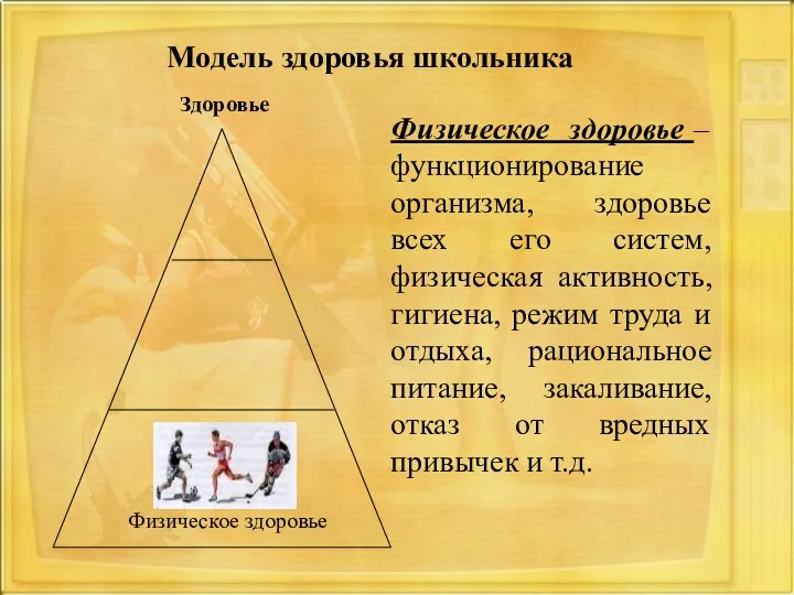 Модель здоровья школьника Здоровье Физическое здоровье – функционирование организма, здоровье