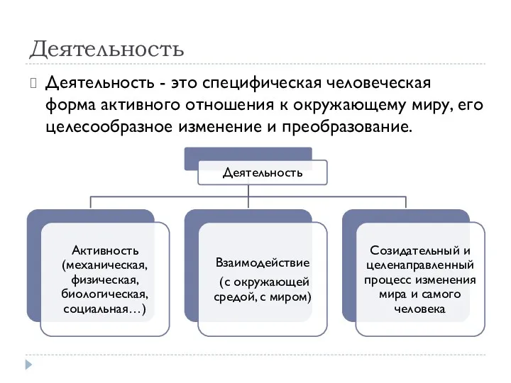 Деятельность Деятельность - это специфическая человеческая форма активного отношения к