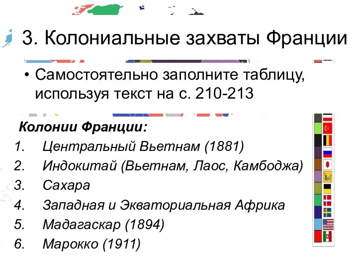 Самостоятельно заполните таблицу, используя текст на с. 210-213 3. Колониальные