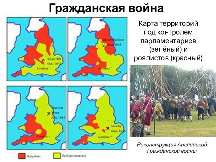 Гражданская война Карта территорий под контролем парламентариев (зелёный) и роялистов (красный) Реконструкция Английской Гражданской войны