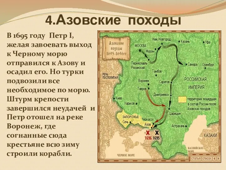 4.Азовские походы В 1695 году Петр I, желая завоевать выход к Черному морю