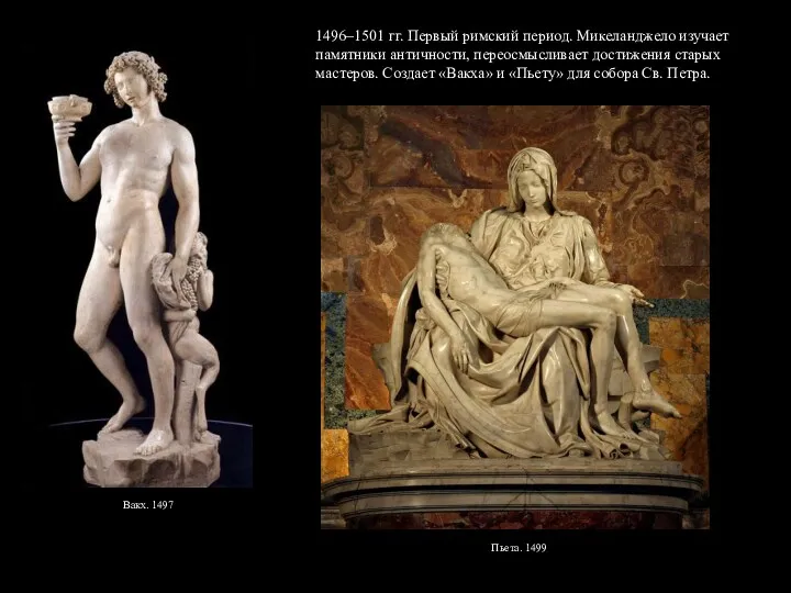Вакх. 1497 1496–1501 гг. Первый римский период. Микеланджело изучает памятники