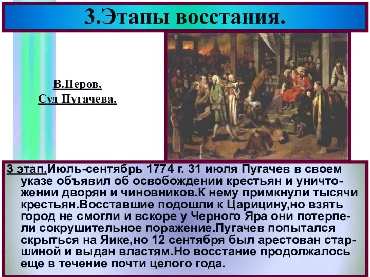 3 этап.Июль-сентябрь 1774 г. 31 июля Пугачев в своем указе