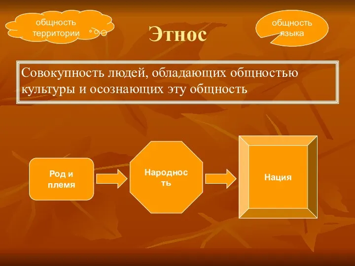 Этнос Совокупность людей, обладающих общностью культуры и осознающих эту общность