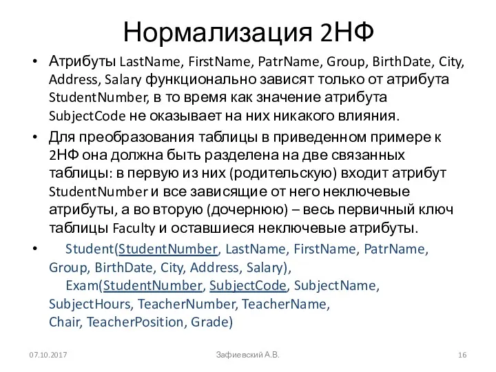 Нормализация 2НФ Атрибуты LastName, FirstName, PatrName, Group, BirthDate, City, Address, Salary функционально зависят