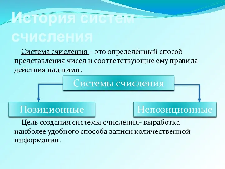 Система счисления – это определённый способ представления чисел и соответствующие