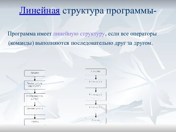 Линейная структура программы- Программа имеет линейную структуру, если все операторы (команды) выполняются последовательно друг за другом.