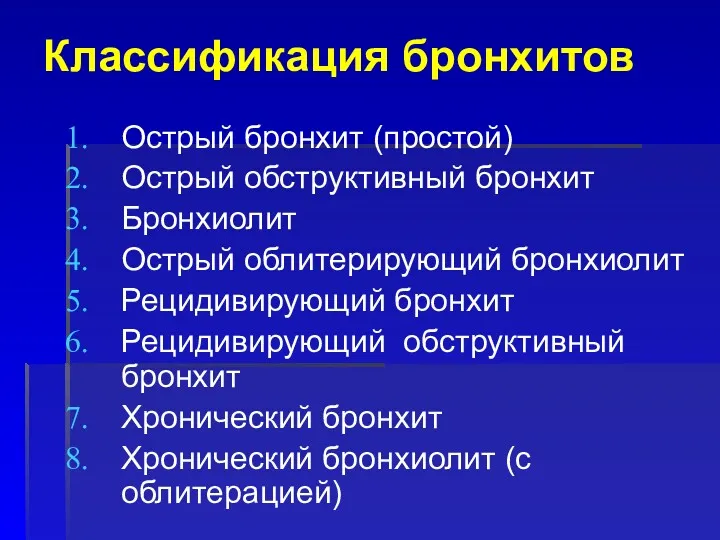 Классификация бронхитов Острый бронхит (простой) Острый обструктивный бронхит Бронхиолит Острый