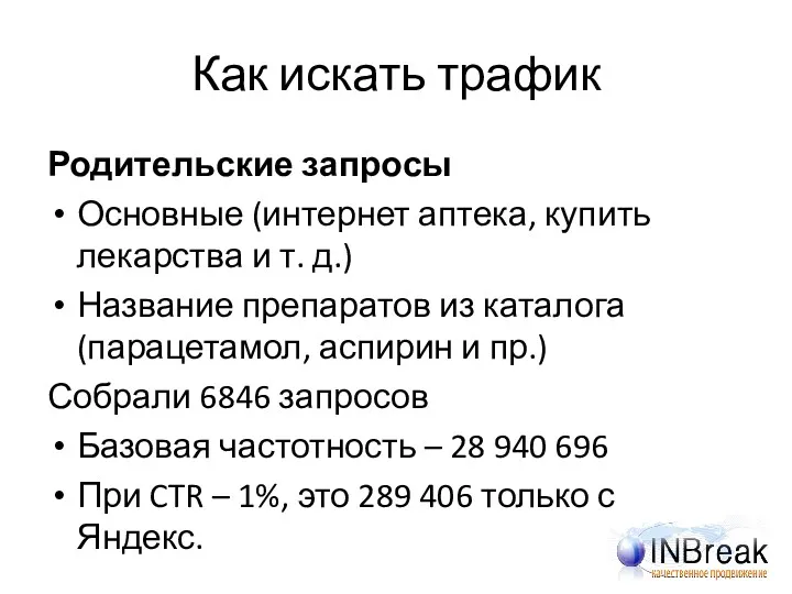 Как искать трафик Родительские запросы Основные (интернет аптека, купить лекарства