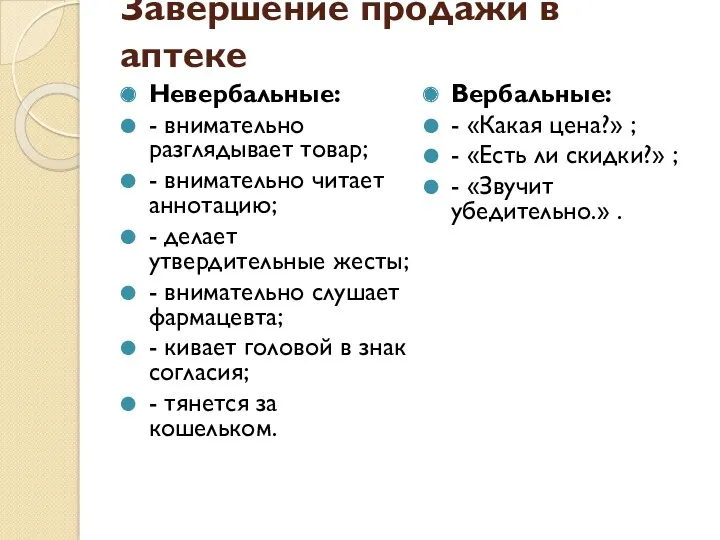 Завершение продажи в аптеке Невербальные: - внимательно разглядывает товар; -