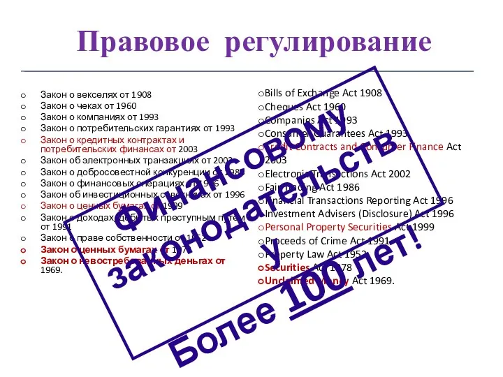 Правовое регулирование Закон о векселях от 1908 Закон о чеках от 1960 Закон