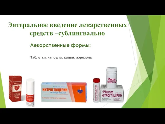 Энтеральное введение лекарственных средств –сублингвально Лекарственные формы: Таблетки, капсулы, капли, аэрозоль