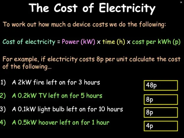 * The Cost of Electricity To work out how much